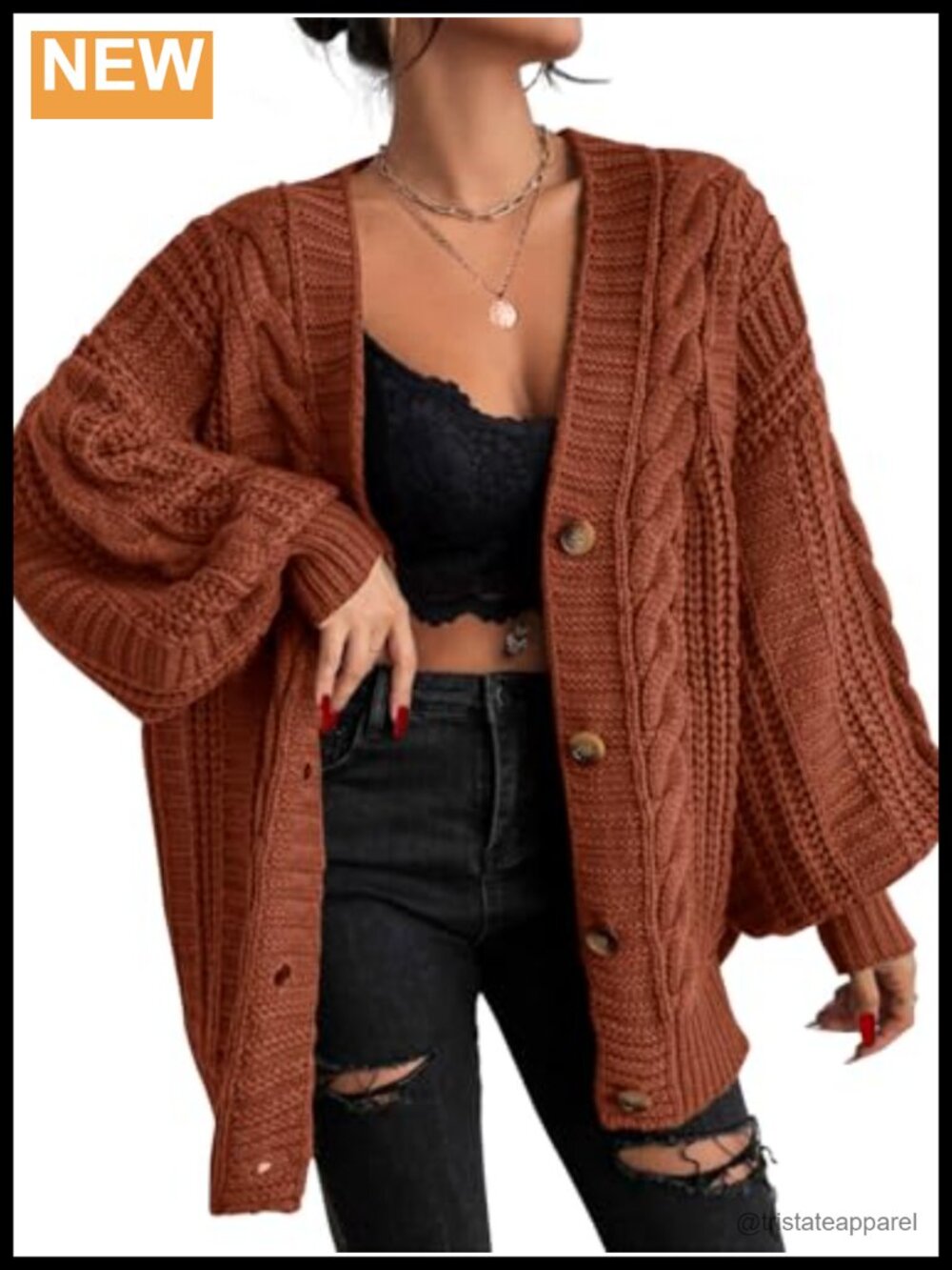 Oversized Button Down Cardigan V Neck Long Sleeve Cable Knit Sweater